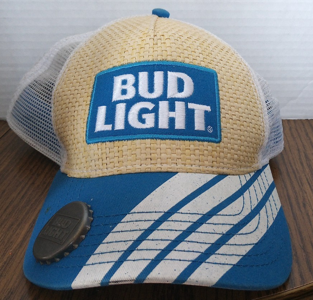 Bud Light White Tan And Blue Snapback Hat With Bottle Opener